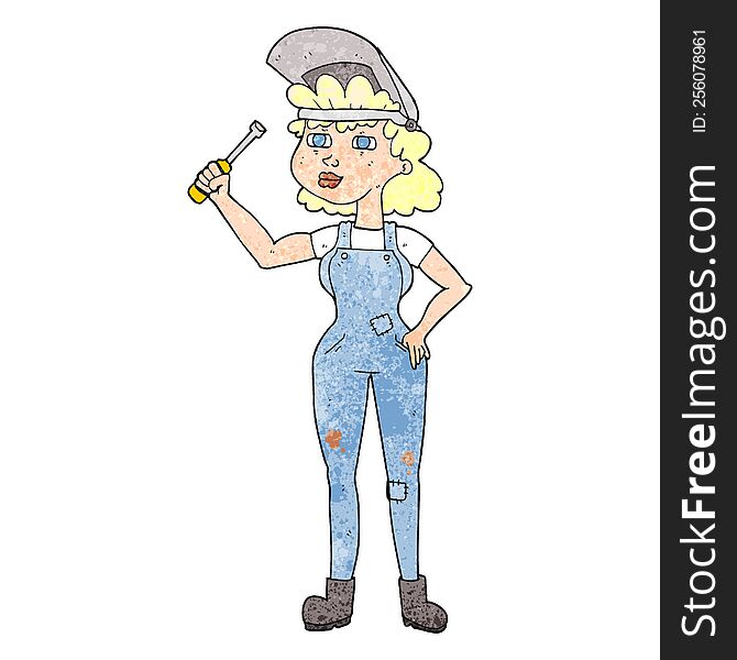 freehand textured cartoon female mechanic