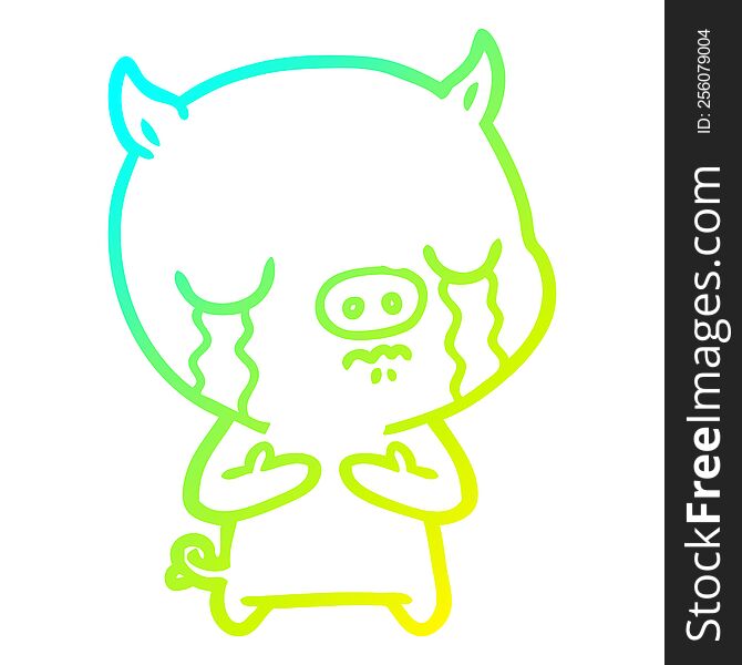 cold gradient line drawing of a cartoon pig crying
