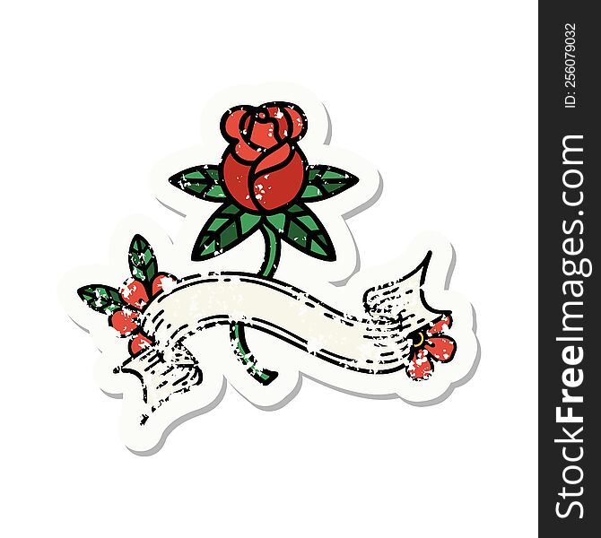 worn old sticker with banner of rose. worn old sticker with banner of rose