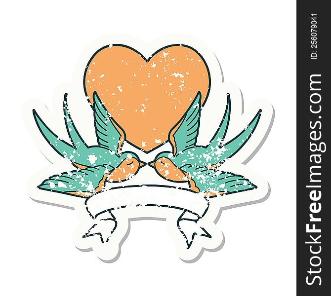 Grunge Sticker With Banner Of A Swallows And A Heart