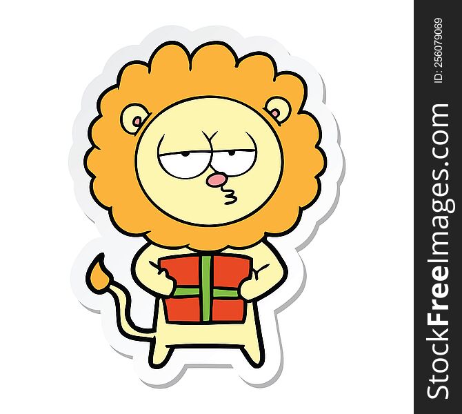 Sticker Of A Cartoon Bored Lion With Present