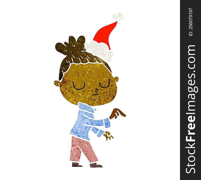 Retro Cartoon Of A Calm Woman Wearing Santa Hat