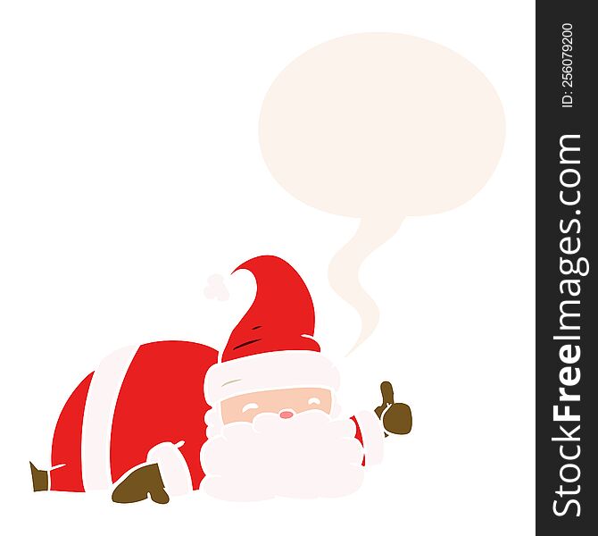 Cartoon Sleepy Santa Giving Thumbs Up Symbol And Speech Bubble In Retro Style