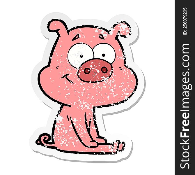 Distressed Sticker Of A Happy Cartoon Pig Sitting