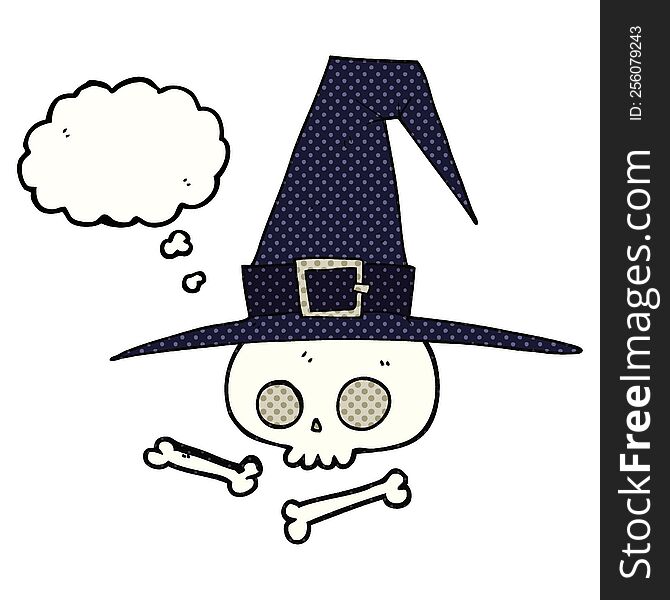 freehand drawn thought bubble cartoon witch hat with skull