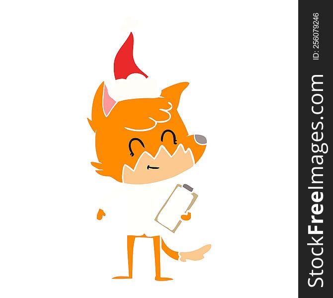 flat color illustration of a friendly fox manager wearing santa hat