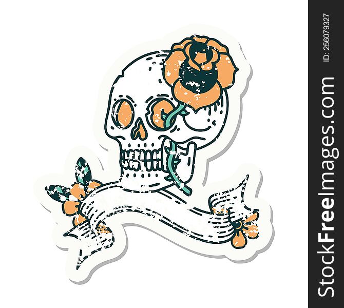 worn old sticker with banner of a skull and rose. worn old sticker with banner of a skull and rose
