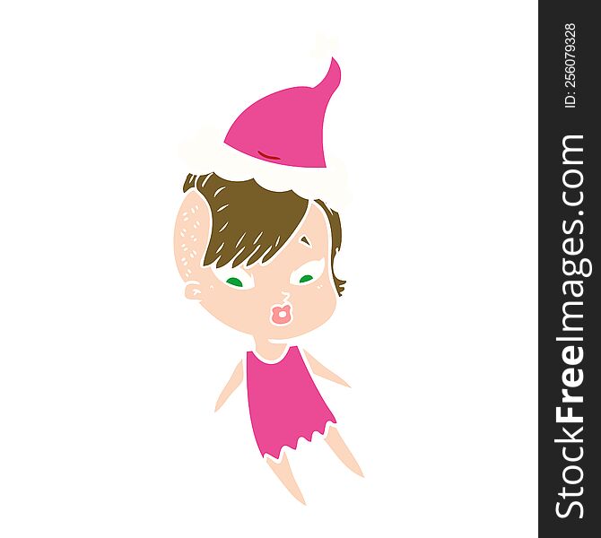 Flat Color Illustration Of A Surprised Girl Wearing Santa Hat