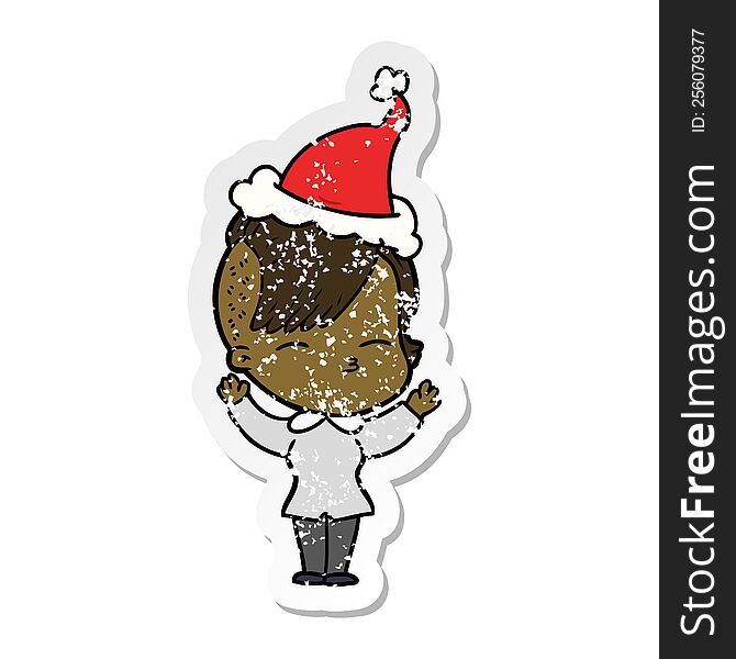 Distressed Sticker Cartoon Of A Squinting Girl Wearing Santa Hat