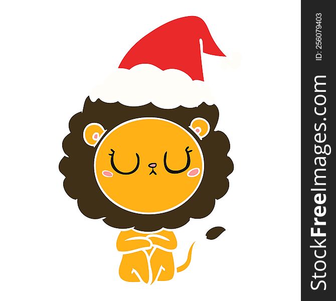 Flat Color Illustration Of A Lion Wearing Santa Hat