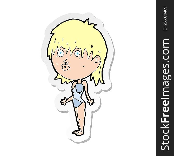 sticker of a cartoon woman in swimsuit shrugging shoulders
