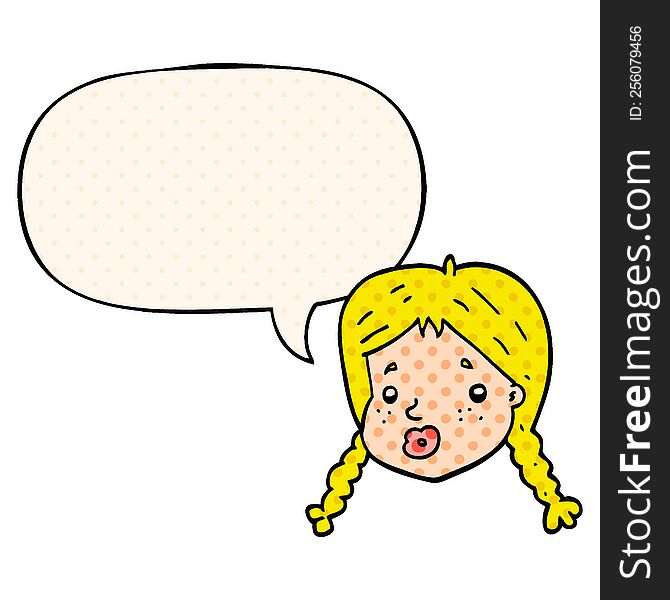 cartoon girls face with speech bubble in comic book style