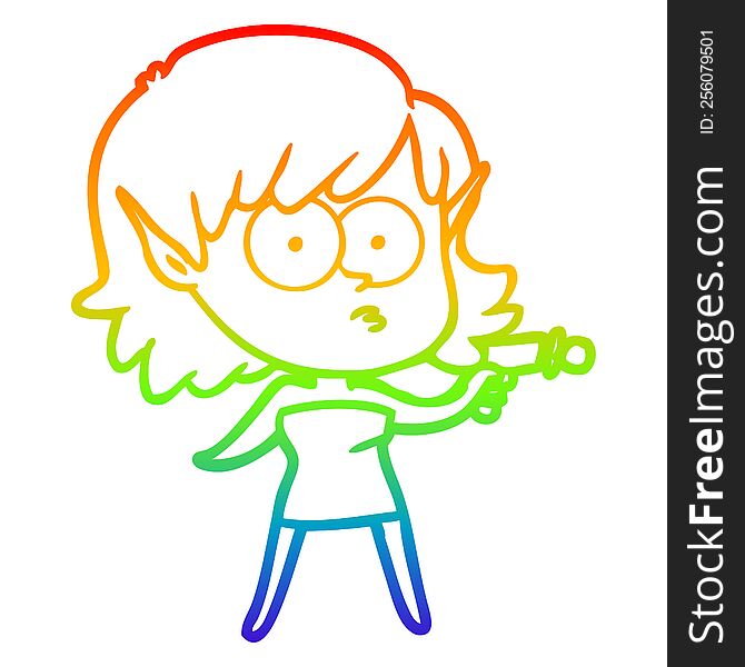 rainbow gradient line drawing of a cartoon elf girl with ray gun