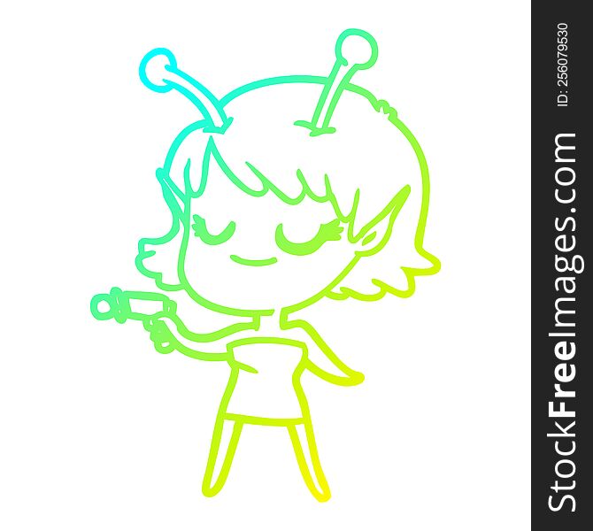 cold gradient line drawing of a smiling alien girl cartoon pointing ray gun