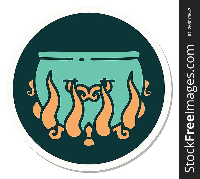 sticker of tattoo in traditional style of a lit cauldron. sticker of tattoo in traditional style of a lit cauldron