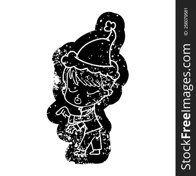 cartoon distressed icon of a woman with eyes shut wearing santa hat