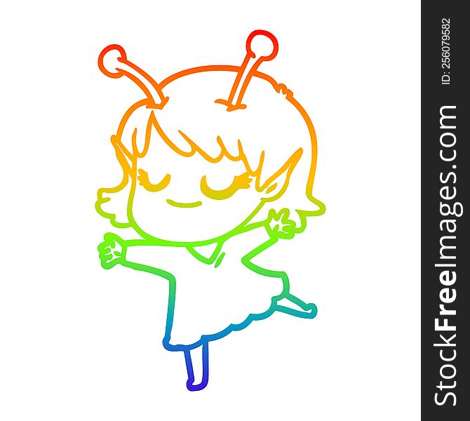 Rainbow Gradient Line Drawing Smiling Alien Girl Cartoon Dancing