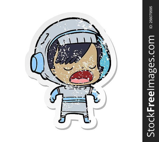 Distressed Sticker Of A Cartoon Astronaut Woman Explaining