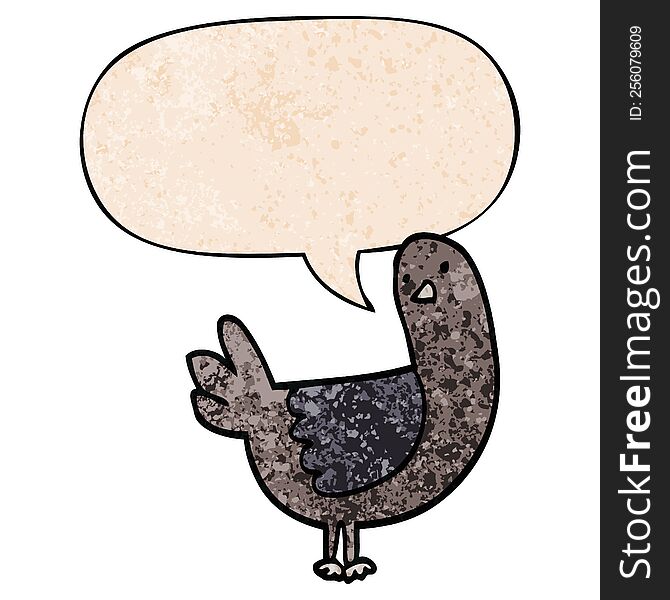 cartoon pigeon with speech bubble in retro texture style