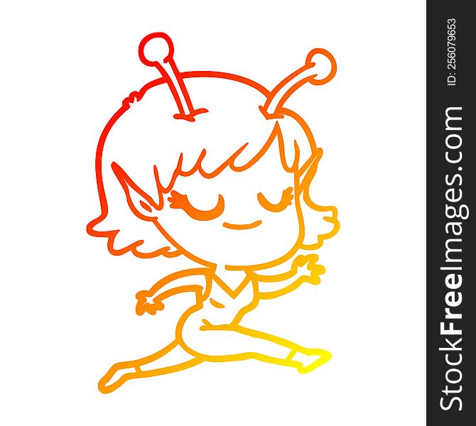 warm gradient line drawing of a smiling alien girl cartoon running