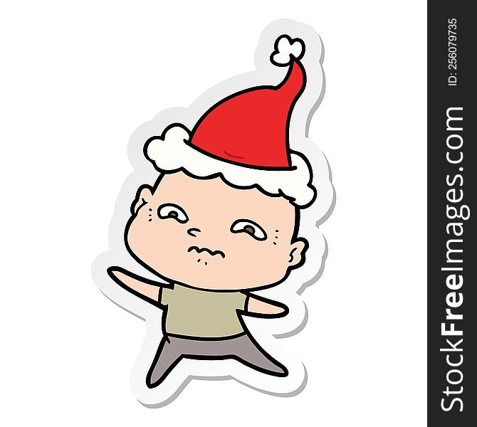 Sticker Cartoon Of A Nervous Man Wearing Santa Hat