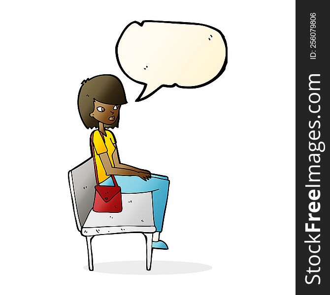 cartoon woman sitting on bench with speech bubble