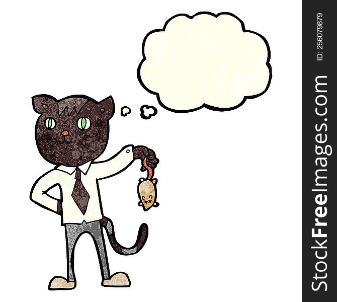 cartoon business cat with dead mouse with thought bubble