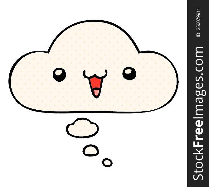 cute happy face cartoon with thought bubble in comic book style