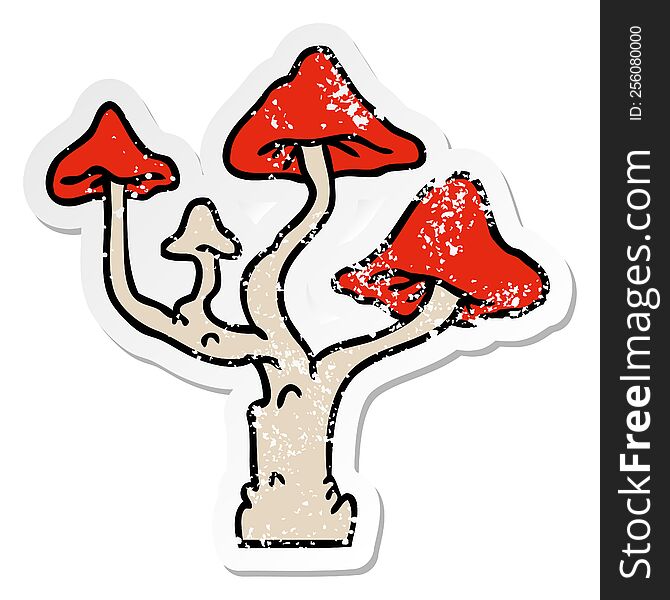 Distressed Sticker Cartoon Doodle Of Growing Mushrooms