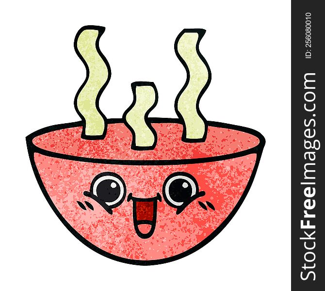 retro grunge texture cartoon of a bowl of hot soup