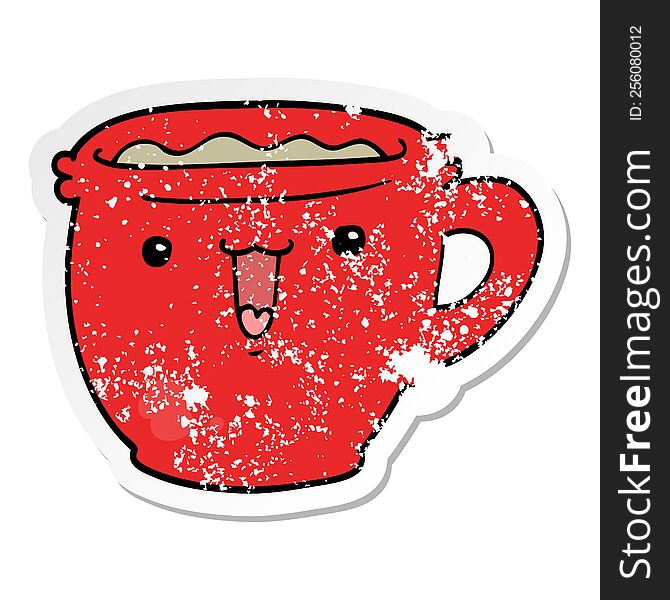 Distressed Sticker Of A Cute Cartoon Coffee Cup