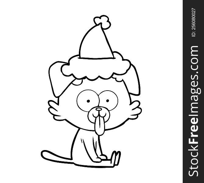 hand drawn line drawing of a sitting dog with tongue sticking out wearing santa hat