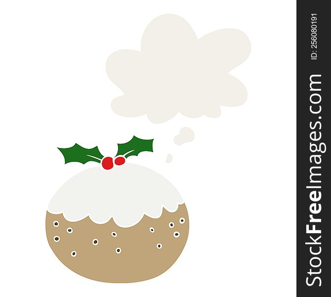 cartoon christmas pudding with thought bubble in retro style