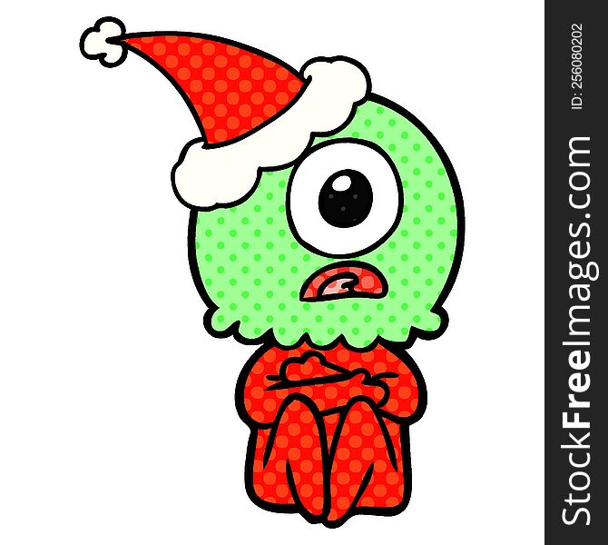 hand drawn comic book style illustration of a cyclops alien spaceman wearing santa hat