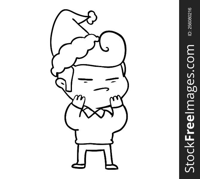 hand drawn line drawing of a cool guy with fashion hair cut wearing santa hat