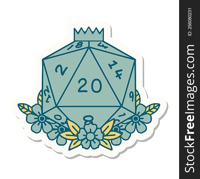 sticker of a natural 20 D20 dice roll with floral elements. sticker of a natural 20 D20 dice roll with floral elements