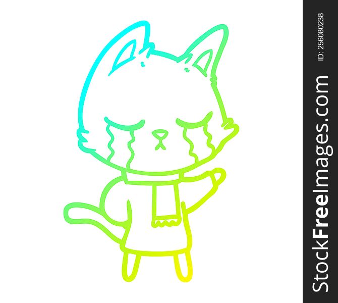 cold gradient line drawing crying cartoon cat wearing winter clothes