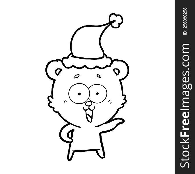 laughing teddy  bear hand drawn line drawing of a wearing santa hat. laughing teddy  bear hand drawn line drawing of a wearing santa hat