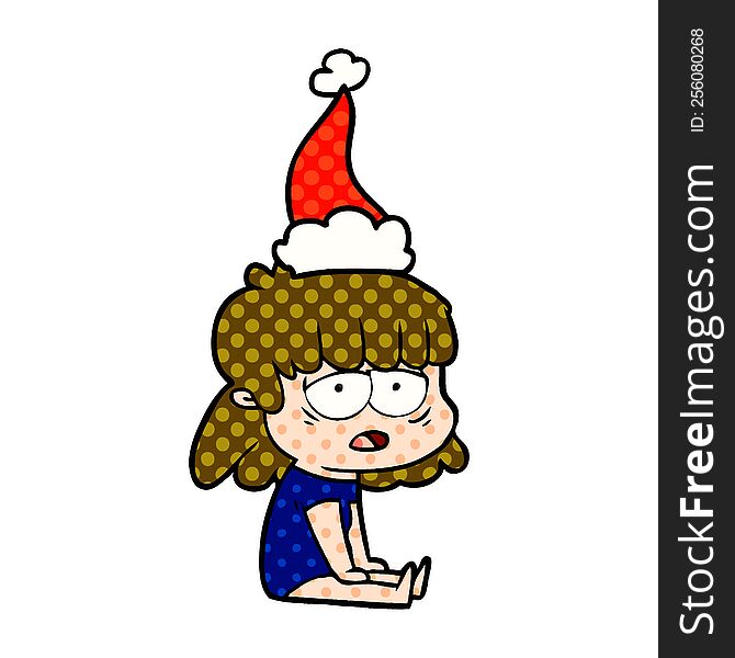 hand drawn comic book style illustration of a tired woman wearing santa hat