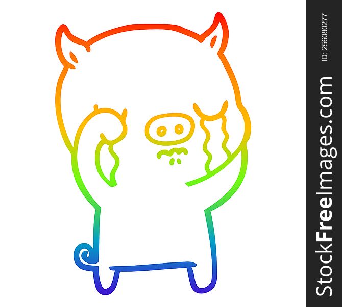 rainbow gradient line drawing of a cartoon pig crying