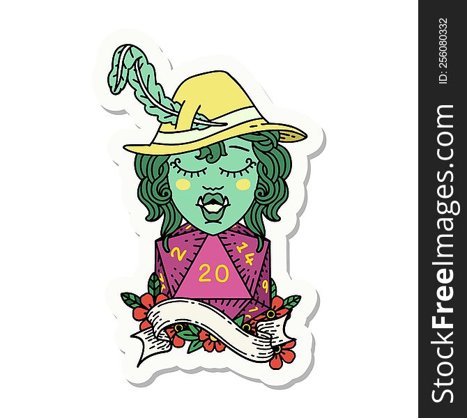 sticker of a singing half orc bard with natural twenty dice roll. sticker of a singing half orc bard with natural twenty dice roll