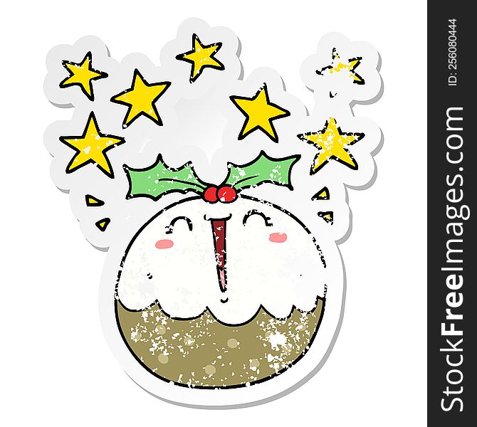 Distressed Sticker Of A Cute Cartoon Happy Christmas Pudding
