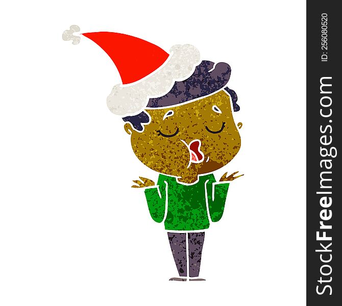 Retro Cartoon Of A Man Talking And Shrugging Shoulders Wearing Santa Hat