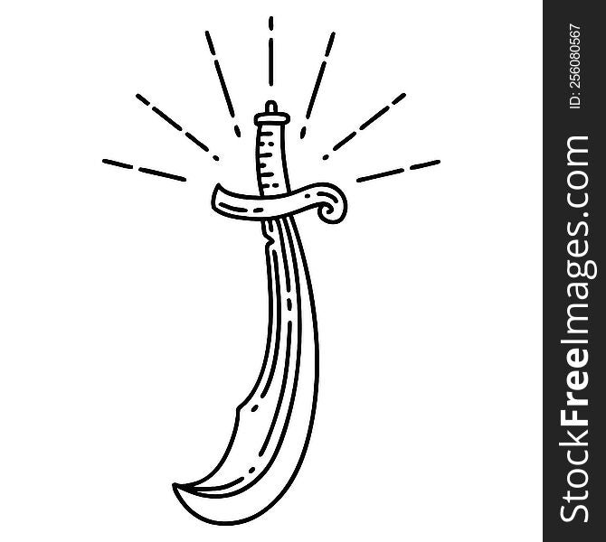 illustration of a traditional black line work tattoo style scimitar sword