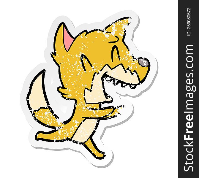 distressed sticker of a laughing fox running away