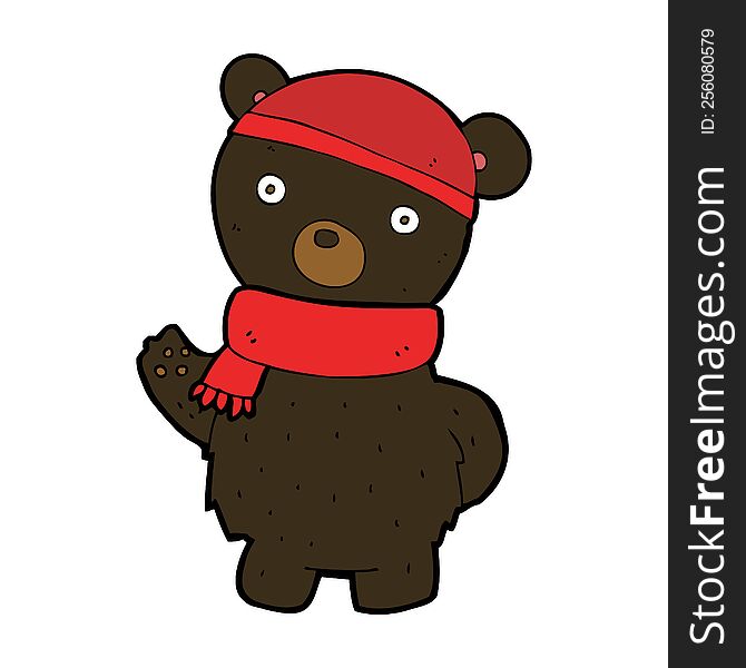 cartoon black bear in winter hat and scarf