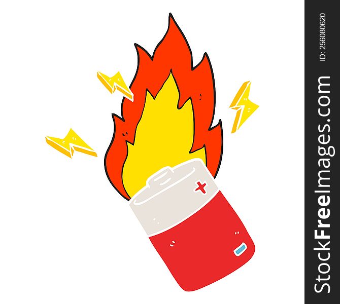 Flat Color Illustration Of A Cartoon Flaming Battery