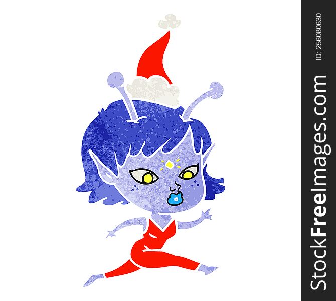 pretty retro cartoon of a alien girl running wearing santa hat