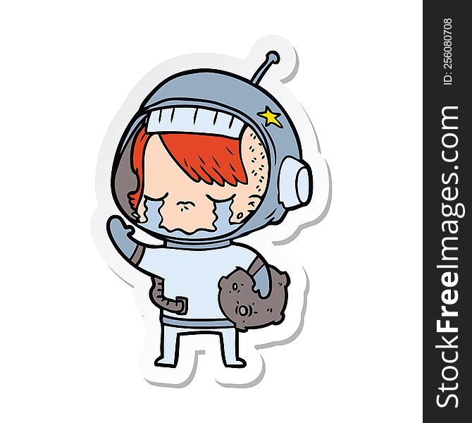 sticker of a cartoon crying astronaut girl carrying rock sample