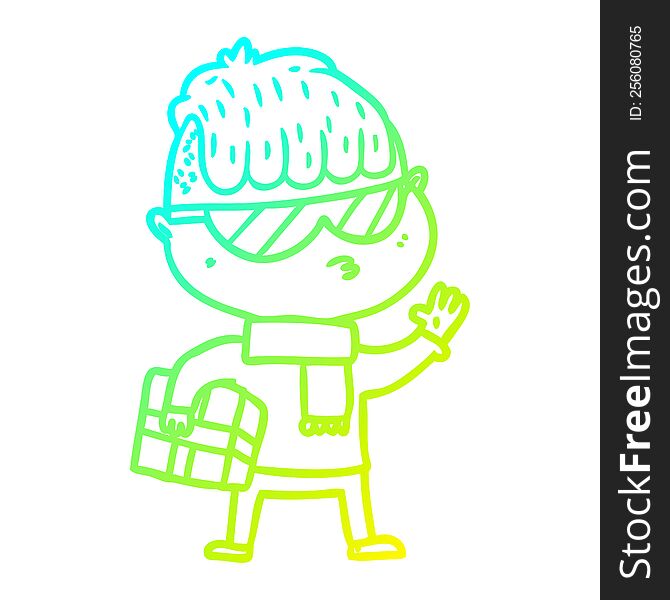 Cold Gradient Line Drawing Cartoon Boy Wearing Sunglasses Carrying Xmas Gift